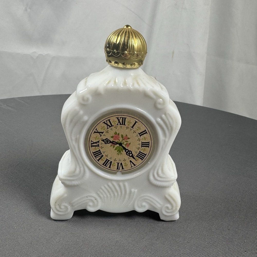 Vintage AVON Brocade White Milk Glass Mantel Clock Foaming Bath‎ Oil 5 oz